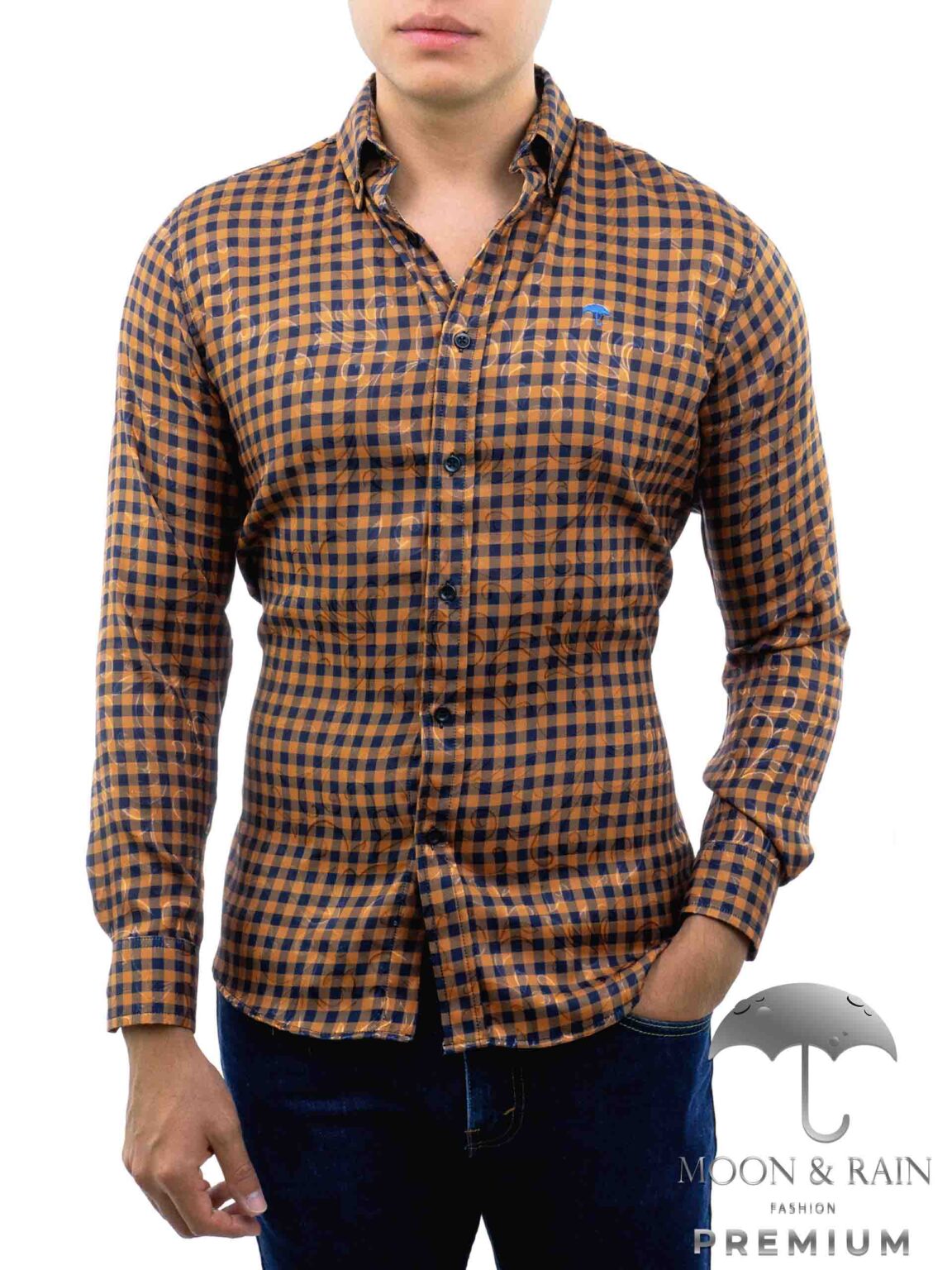 Camisa Hombre Casual Cuadros Naranjas Marino Floreada Moon Rain