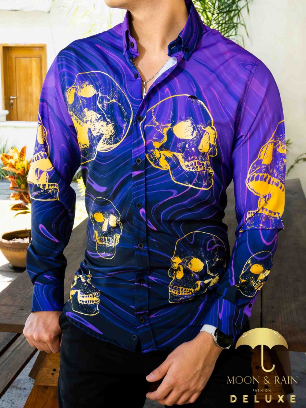 Camisa Hombre Casual Slim Morada Calaveras Doradas 4