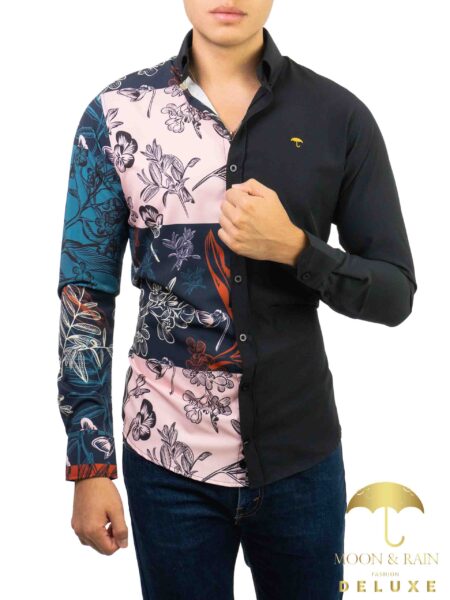 Camisa Hombre Casual Slim Fit Flores Colores - Negra