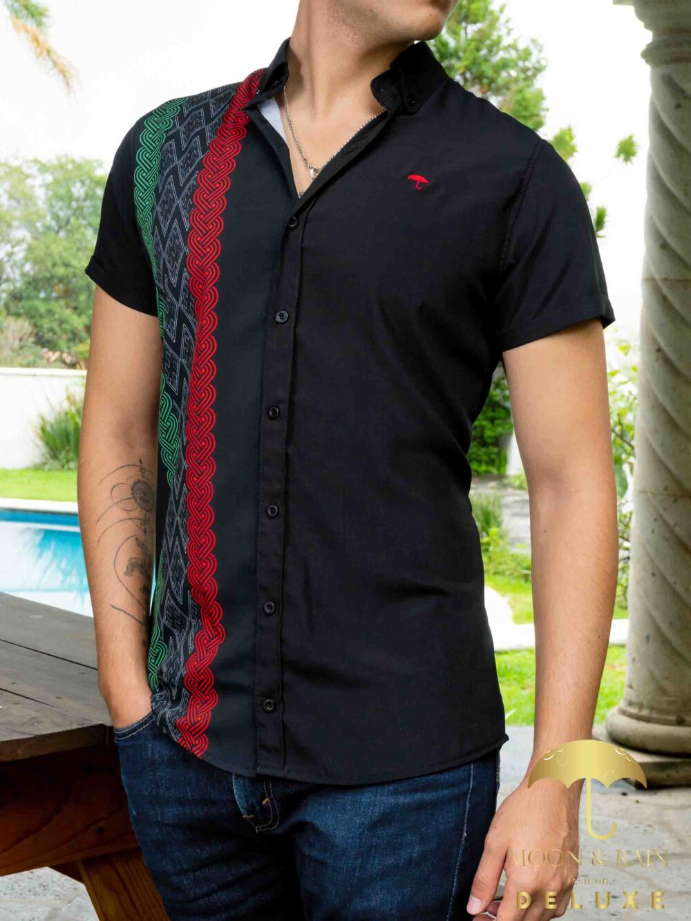 Camisa Hombre Casual Manga Corta Guayabera Negra Tricolor 4