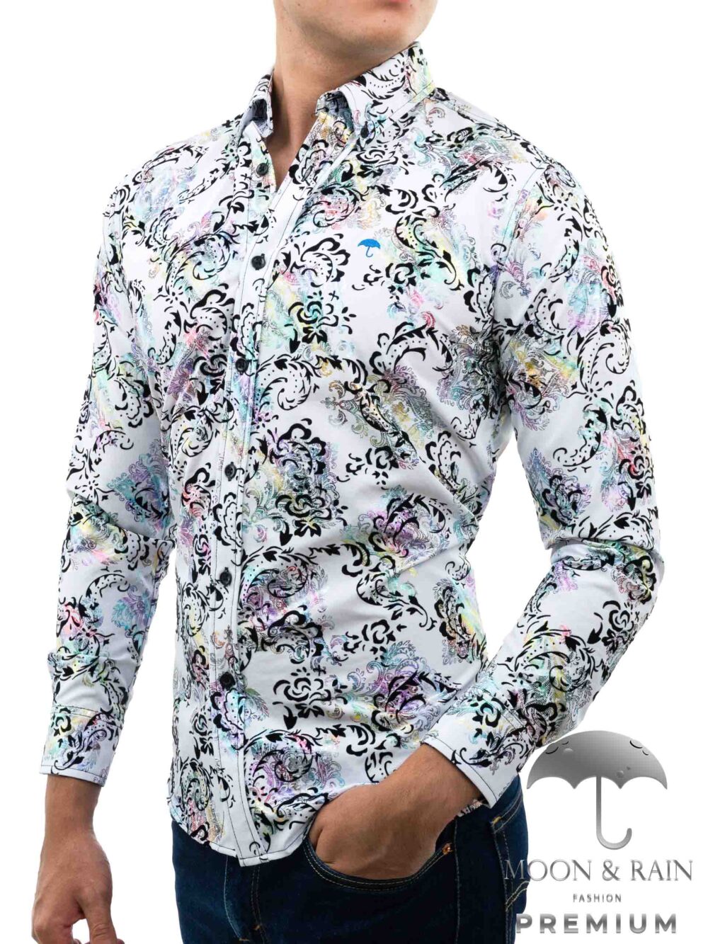 Camisa Hombre Casual Blanca Floreada Negra, Tornasol 2