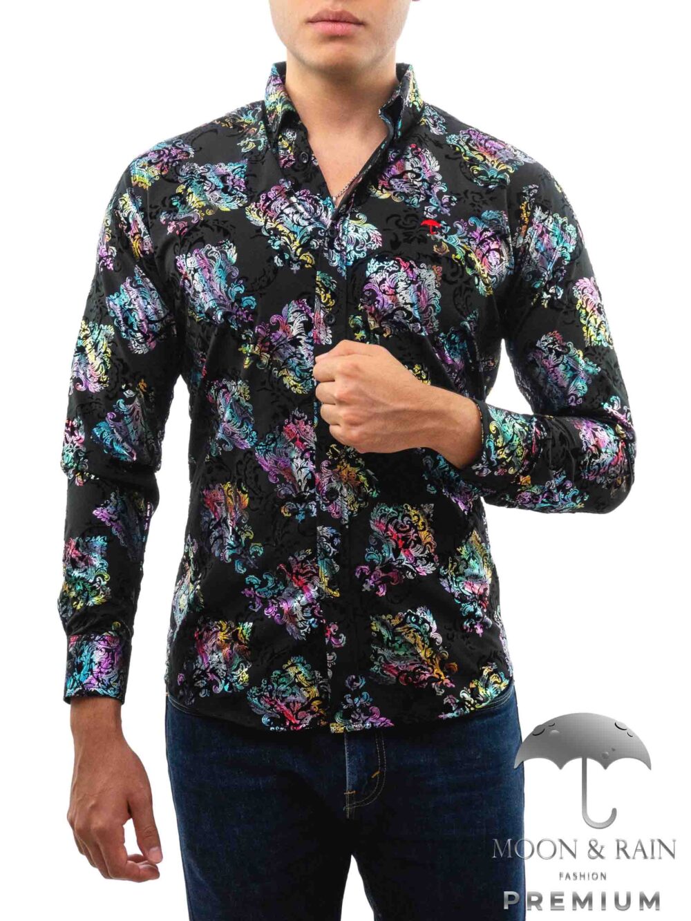 Camisa Hombre Casual Slim Fit Negra Flores Tornasol