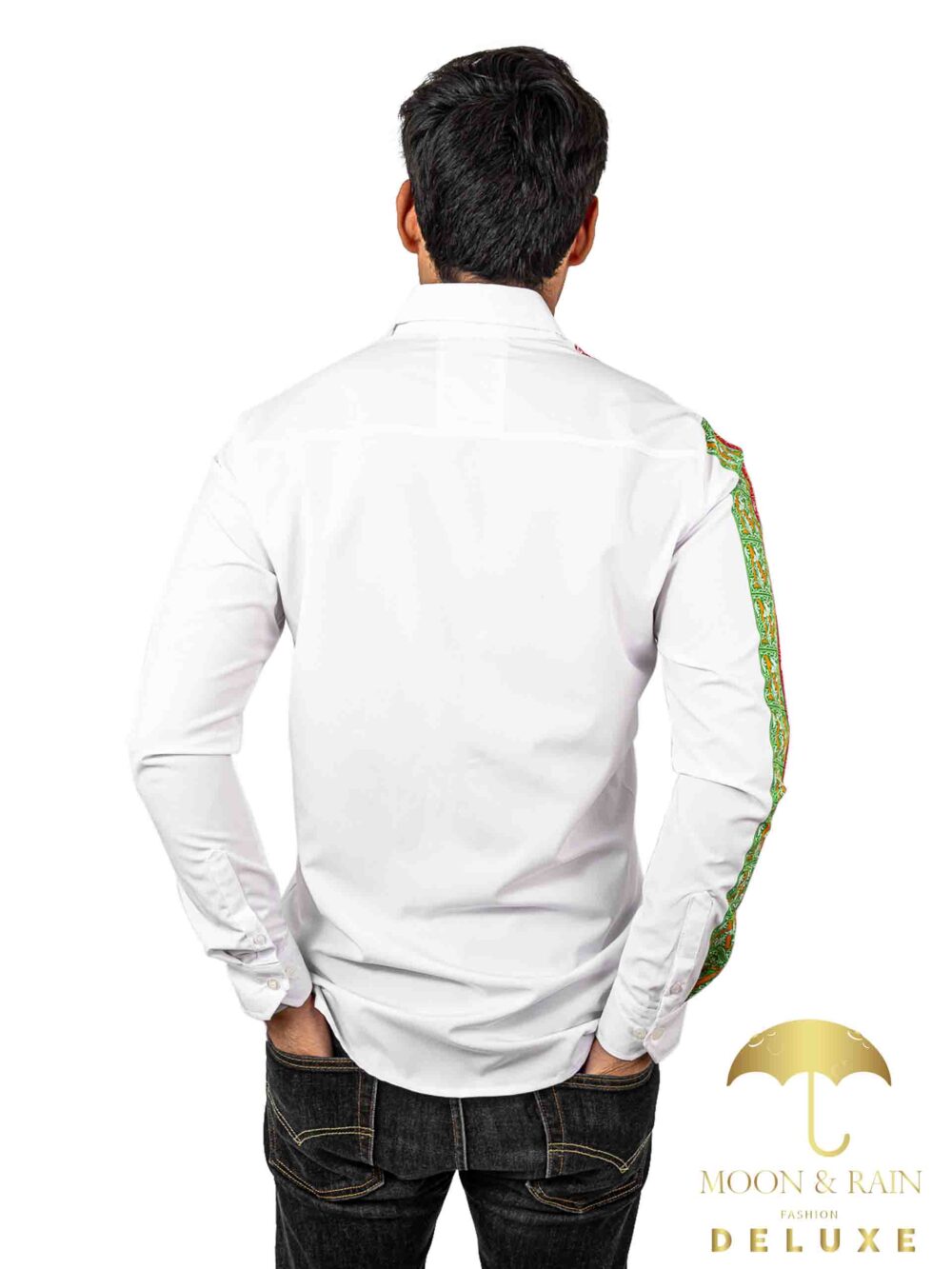 Camisa Hombre Casual Slim Fit Blanca Franja Tricolor MR 3