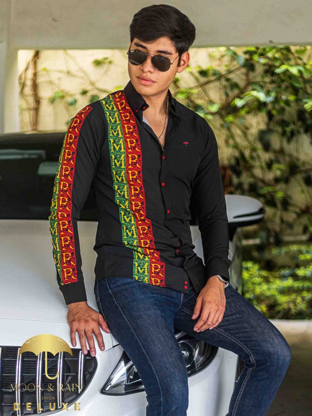 Camisa Hombre Casual Slim Fit Negra Franja Tricolor MR 4