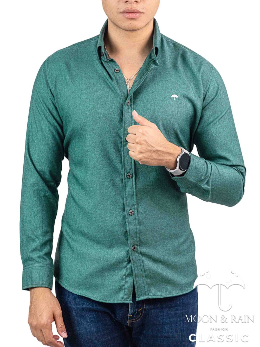 Camisa Hombre Casual Slim Fit Verde Oscuro Lisa
