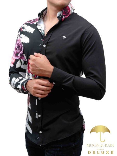 Camisa Hombre Casual Slim Rosas Colores - Negra 2