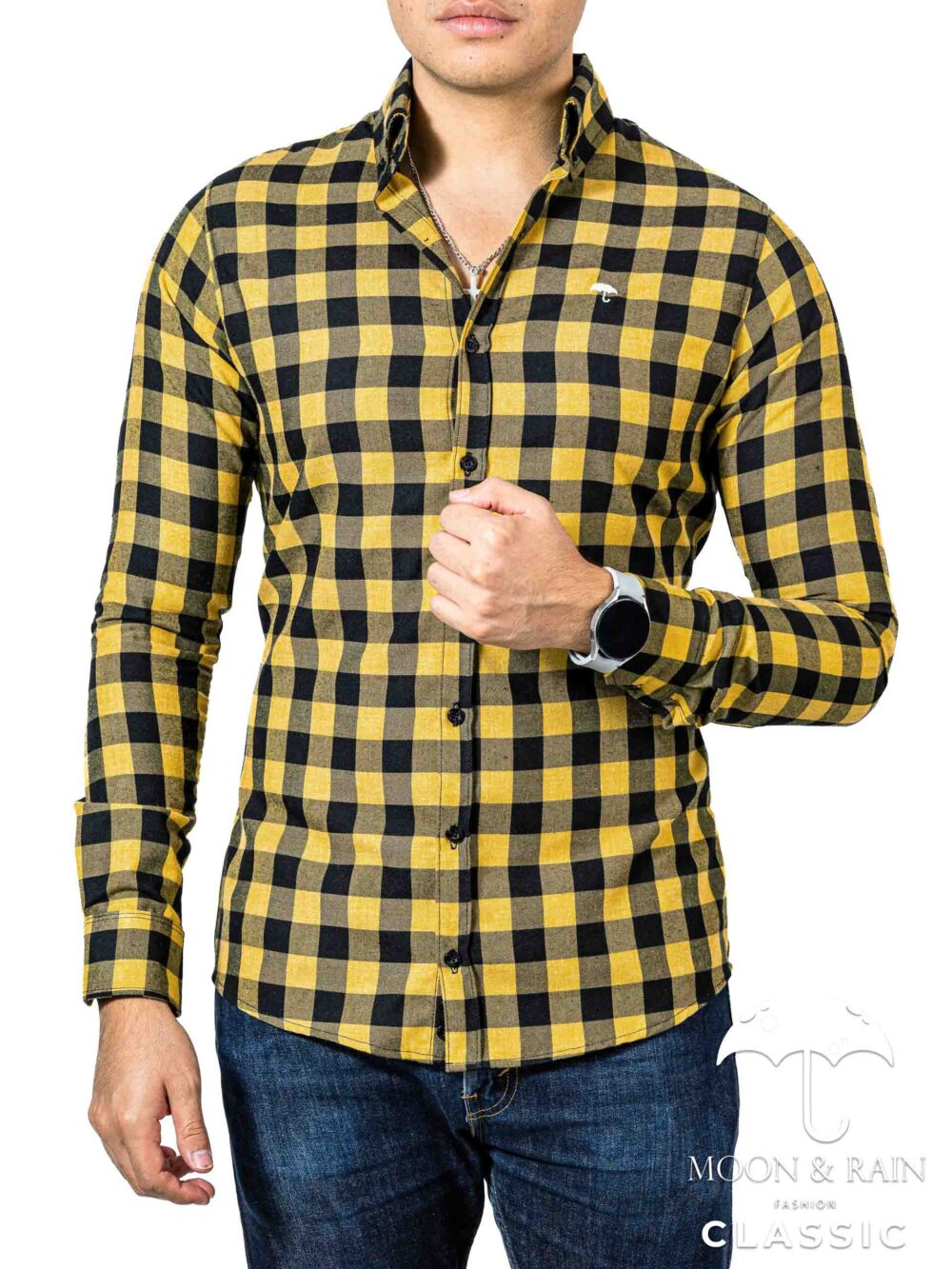 Camisa Hombre Casual Slim Fit Cuadros Amarillos, Negros