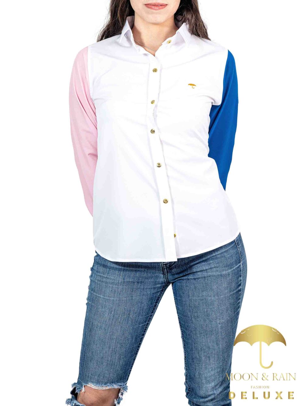 Camisa Blusa Mujer Casual Blanca Manga Rosa, Azul 4
