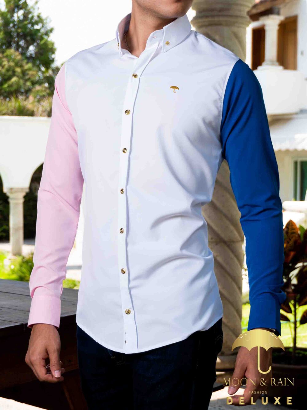 Camisa Hombre Casual Slim Blanca Mangas Rosa, Azul 4