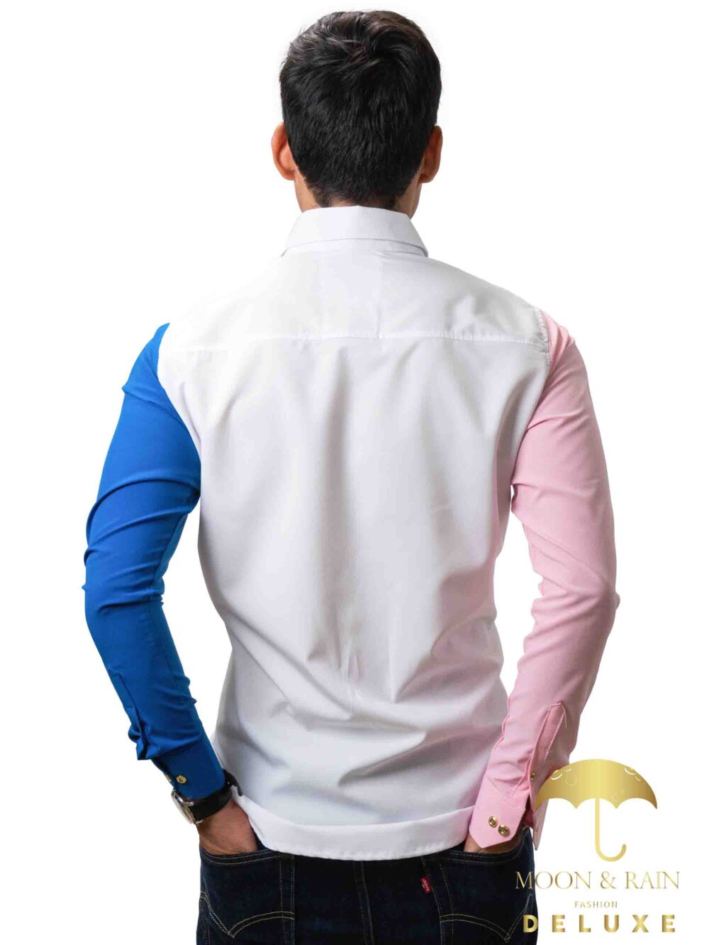 Camisa Hombre Casual Slim Blanca Mangas Rosa, Azul 3