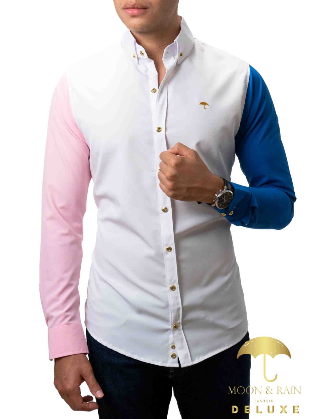 Camisa Hombre Casual Slim Blanca Mangas Rosa, Azul