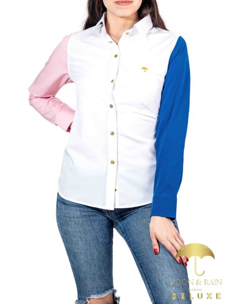 Camisa Blusa Mujer Casual Blanca Manga Rosa, Azul