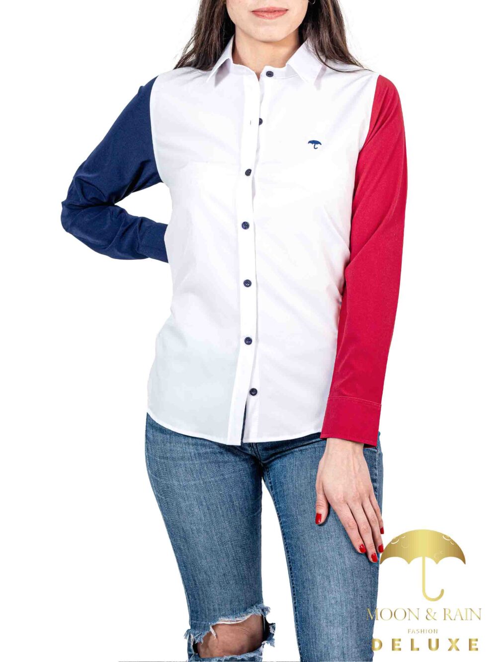 Camisa Blusa Mujer Casual Blanca Mangas Marino, Roja