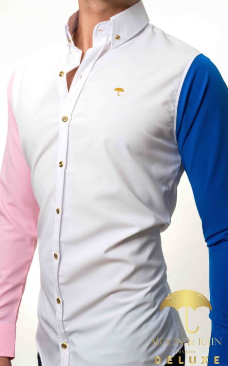Camisa Hombre Casual Slim Blanca Mangas Rosa, Azul 2