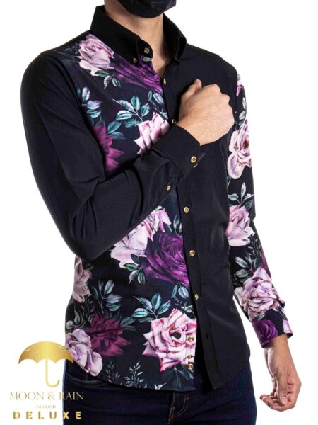 Camisa Hombre Casual Slim Fit Rosas Purpuras - Negra 2