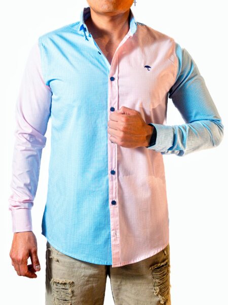 Camisa Hombre Casual Mini Cuadros Azules, Rosas 3