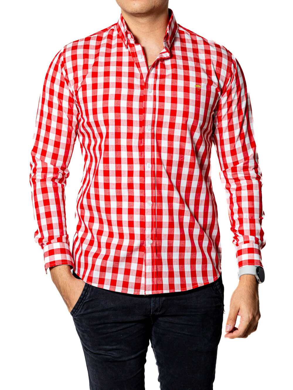 Camisa Hombre Casual Slim Fit Cuadros Rojos, Blancos 004 5