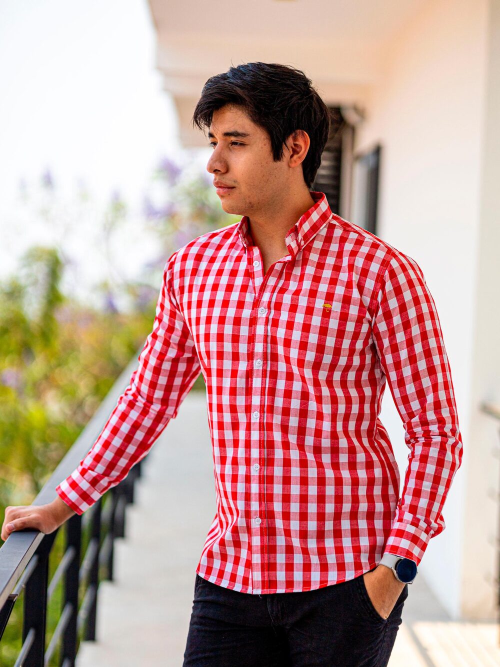 Camisa Hombre Casual Slim Fit Cuadros Rojos, Blancos 004 1
