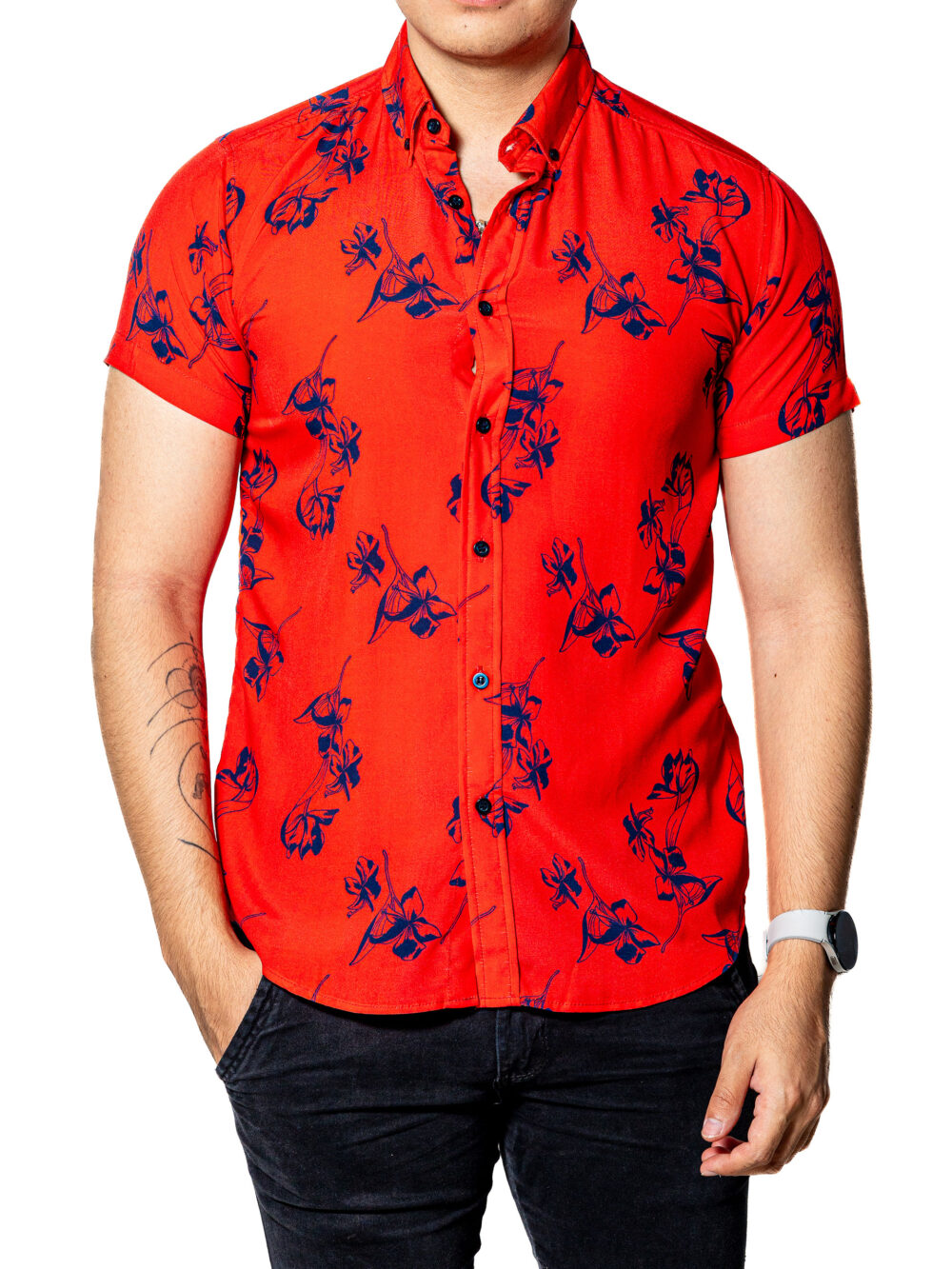 Camisa Hombre Casual Manga Corta Roja Flores Marino 5