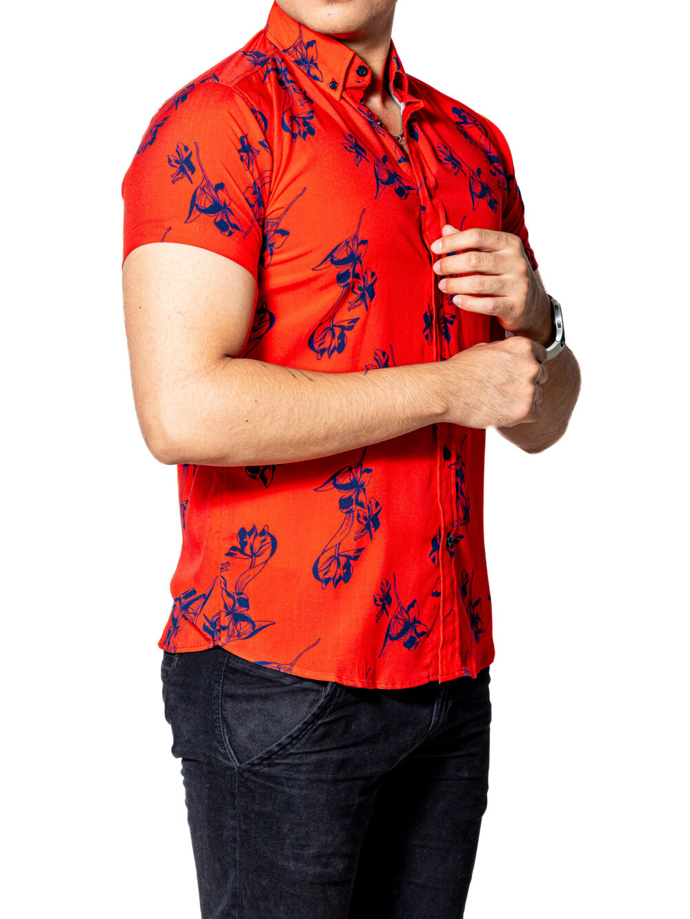 Camisa Hombre Casual Manga Corta Roja Flores Marino 3