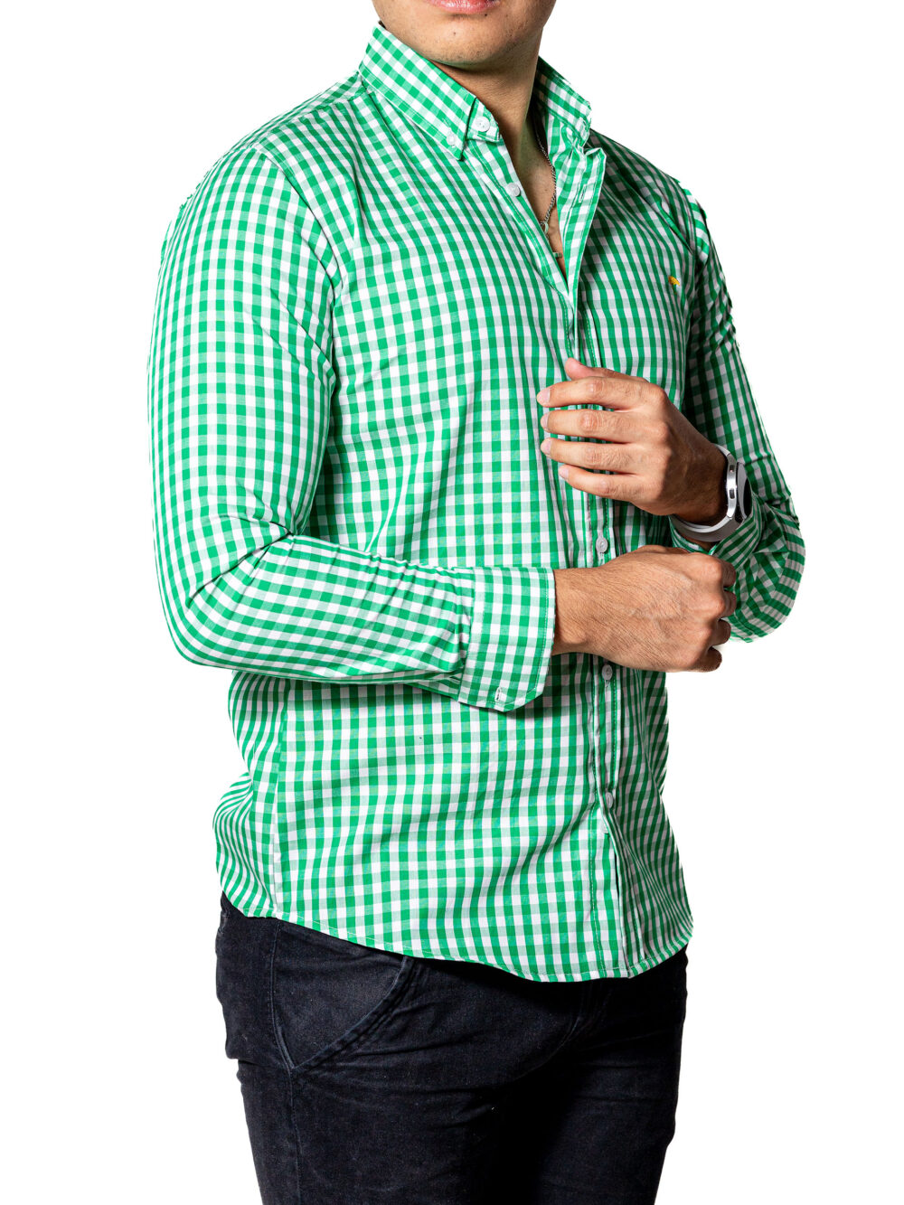 Camisa Hombre Casual Slim Fit Cuadros Verdes, Blancos 004 4