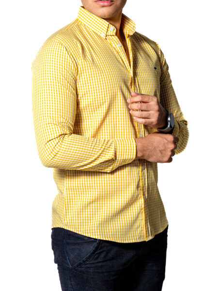 Camisa Hombre Casual Slim Fit Mini Cuadros Amarillos, Blancos 2