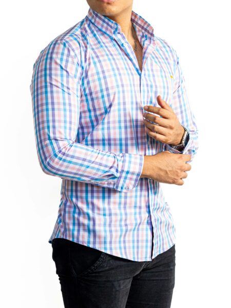 Camisa Hombre Casual Slim Fit Cuadros Azul, Rosas 3