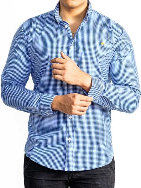Camisa Hombre Casual Mini Cuadros Azul, Blancos 4