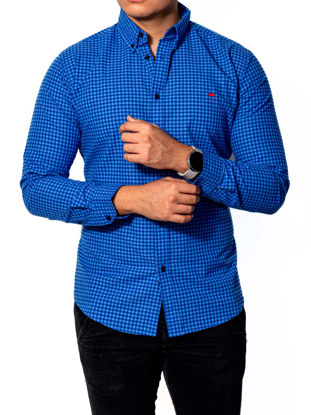 Camisa Hombre Casual Slim Fit Mini Cuadros Azul Rey 5