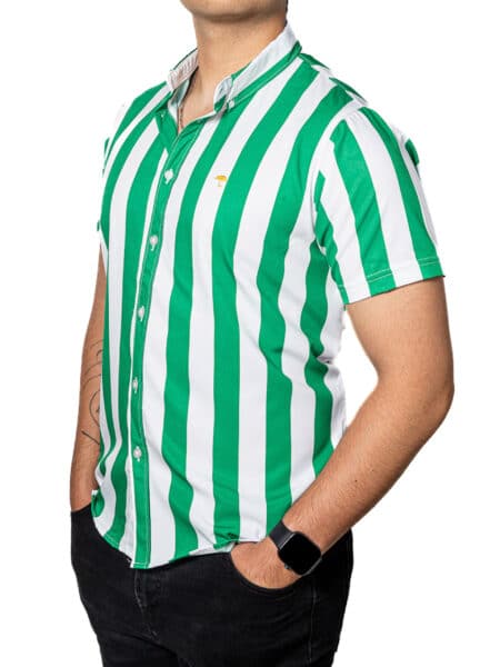 Camisa Hombre Casual Manga Corta Rayas Verdes, Blancas