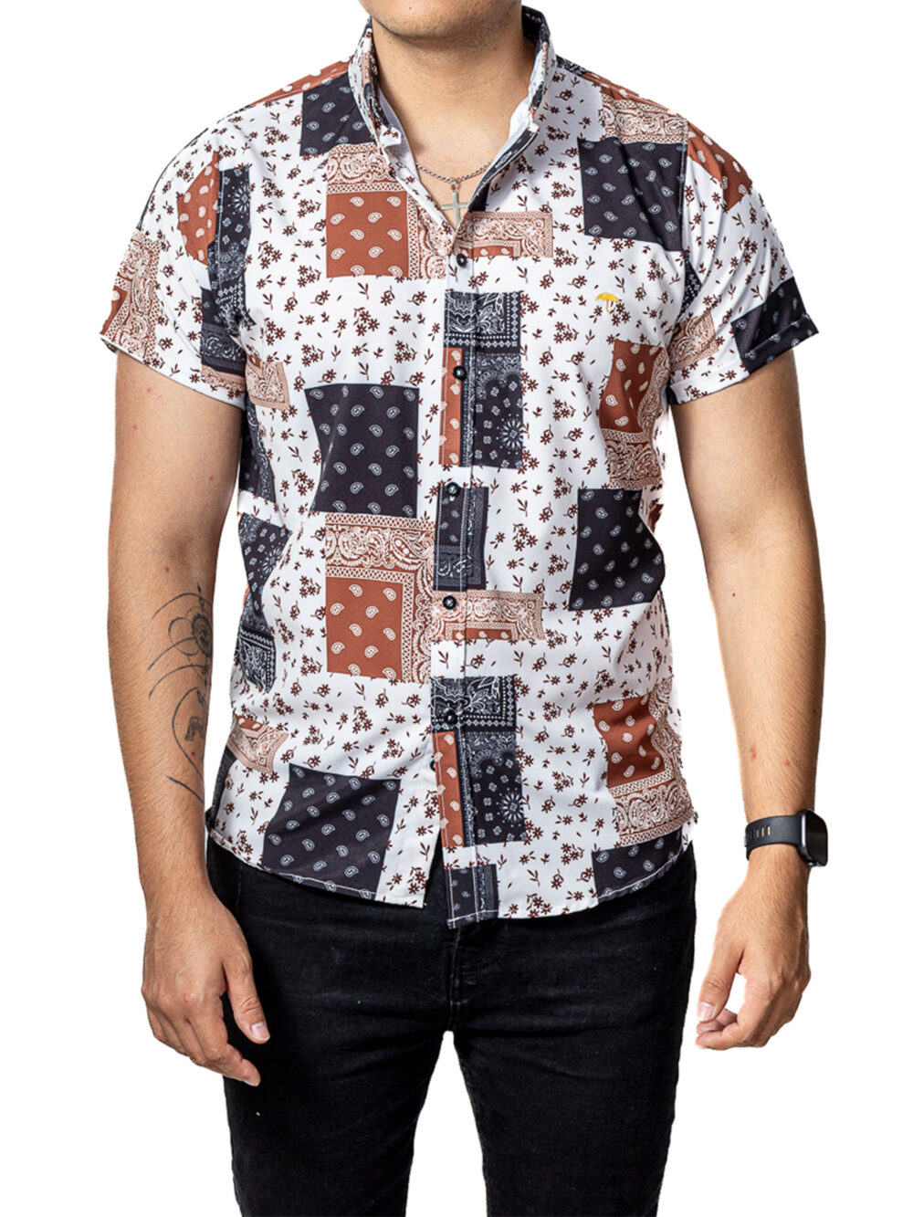 Camisa Hombre Casual Manga Corta Blanca Cuadros Negros 1