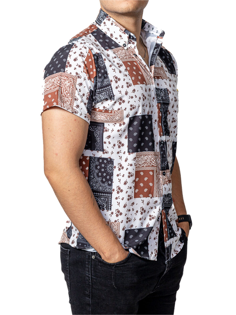 Camisa Hombre Casual Manga Corta Blanca Cuadros Negros