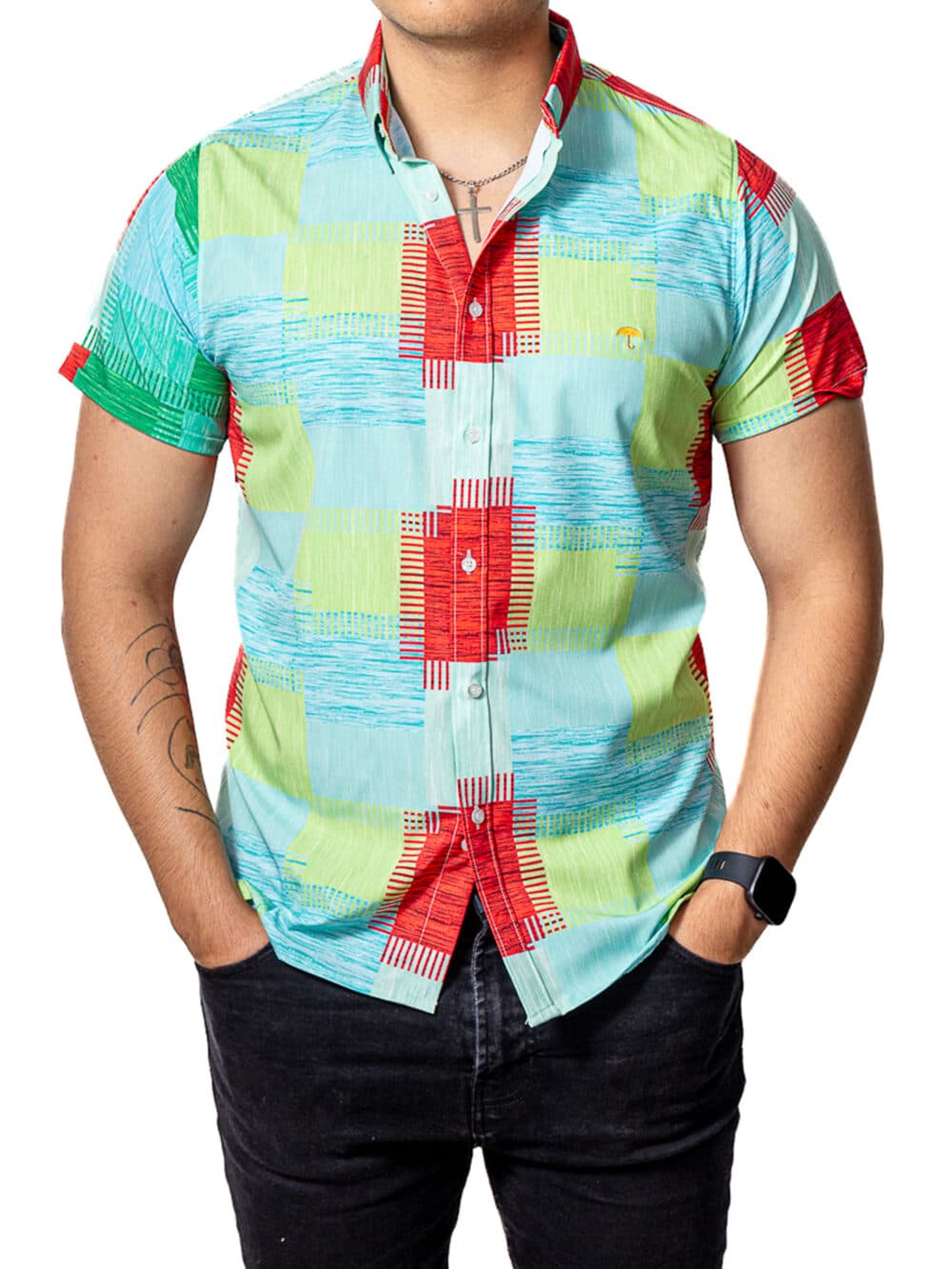 Camisa Hombre Casual Manga Corta Cuadros Verdes, Azules 1