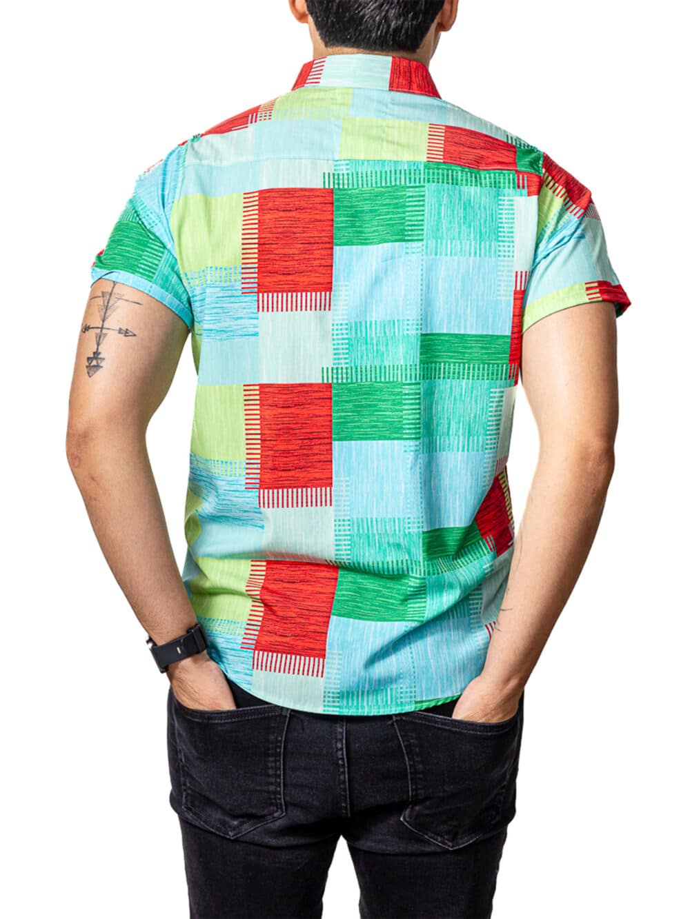 Camisa Hombre Casual Manga Corta Cuadros Verdes, Azules 3