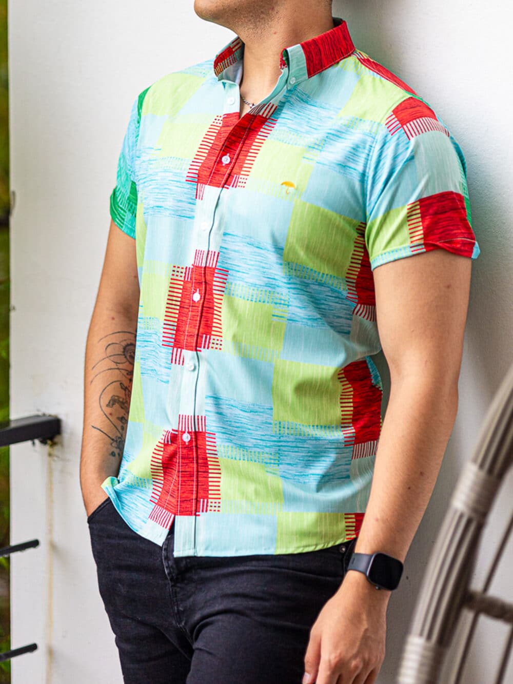 Camisa Hombre Casual Manga Corta Cuadros Verdes, Azules 4