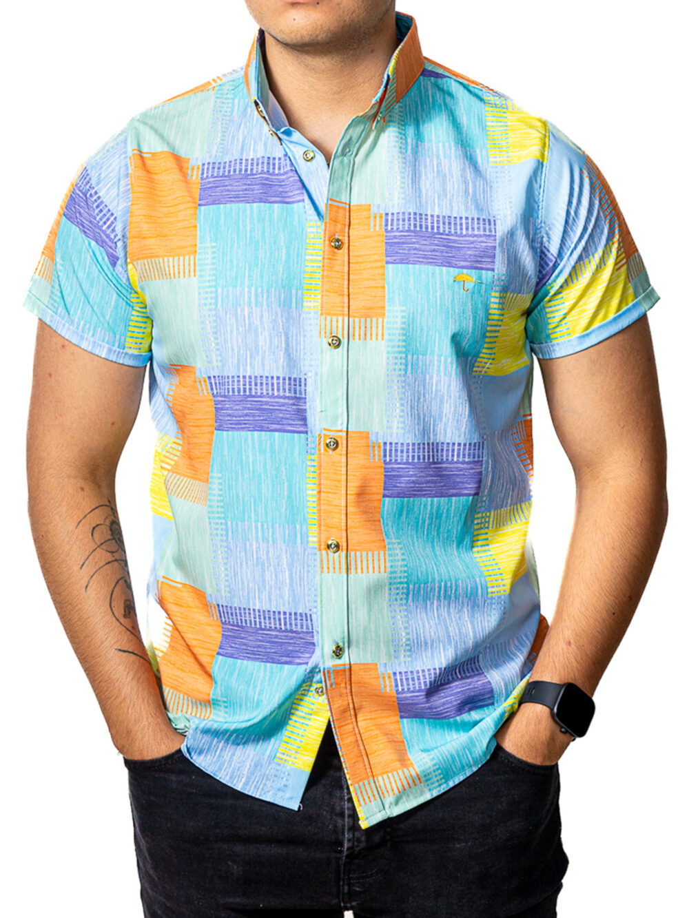 Camisa Hombre Casual Manga Corta Cuadros Azules, Morado