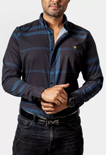 Camisa Hombre Casual Negra Lineas Azules 4