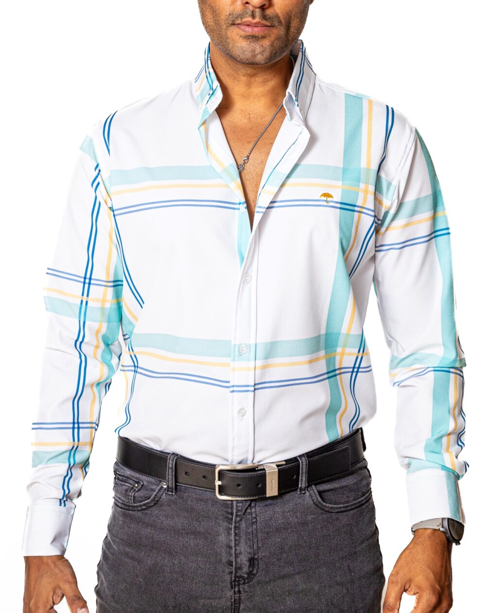 Camisa Hombre Casual Blanca Lineas Verdes, Azules 2