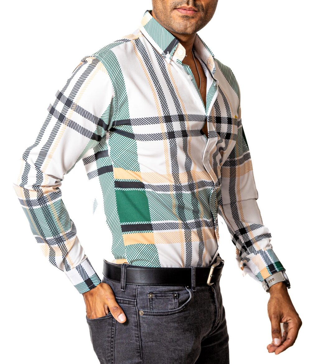 Camisa Hombre Casual Blanca Rayas Verdes, Amarillas 4