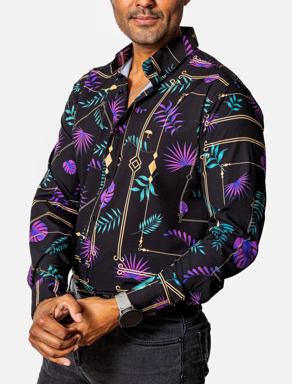 Camisa Hombre Casual Morada Hojas Moradas, Verdes 1