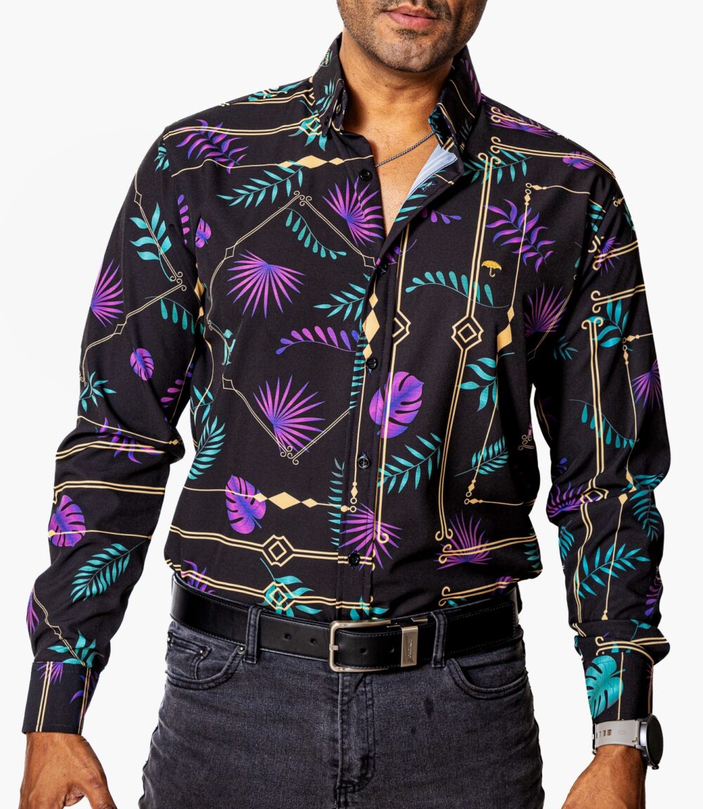 Camisa Hombre Casual Morada Hojas Moradas, Verdes 3