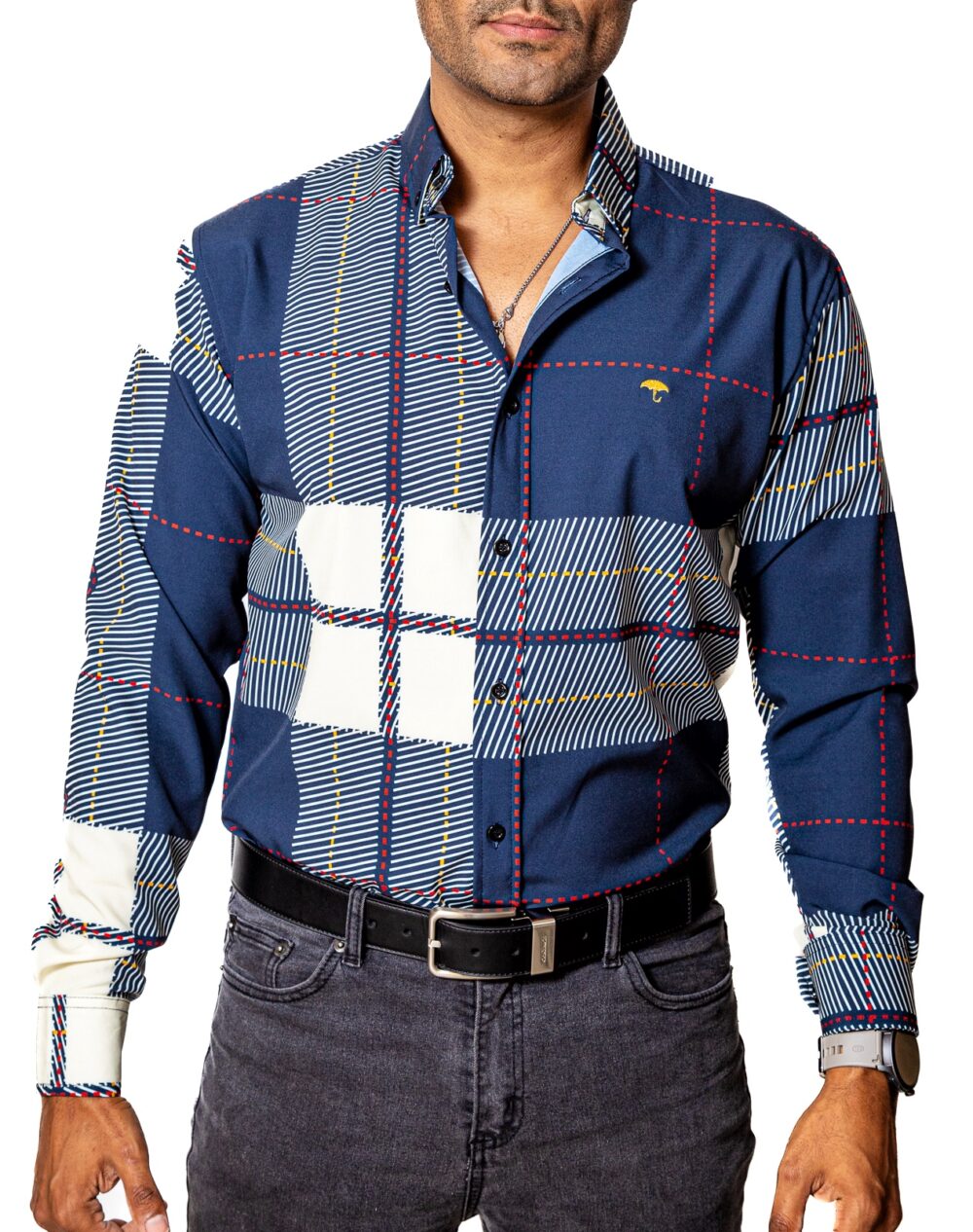 Camisa Hombre Casual Cuadros Marino, Blancos Lineas 1