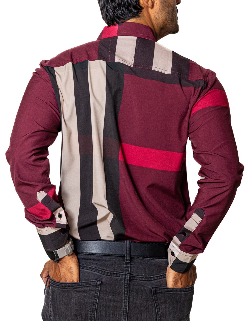 Camisa Hombre Casual Vino Franjas Rojas, Negras, Beige 4